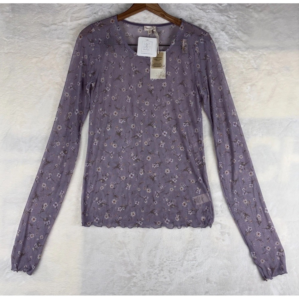Anthropology Hem & Thread Sz L Ditsy Print Mesh Cabbage Long Sleeve Top Lavender